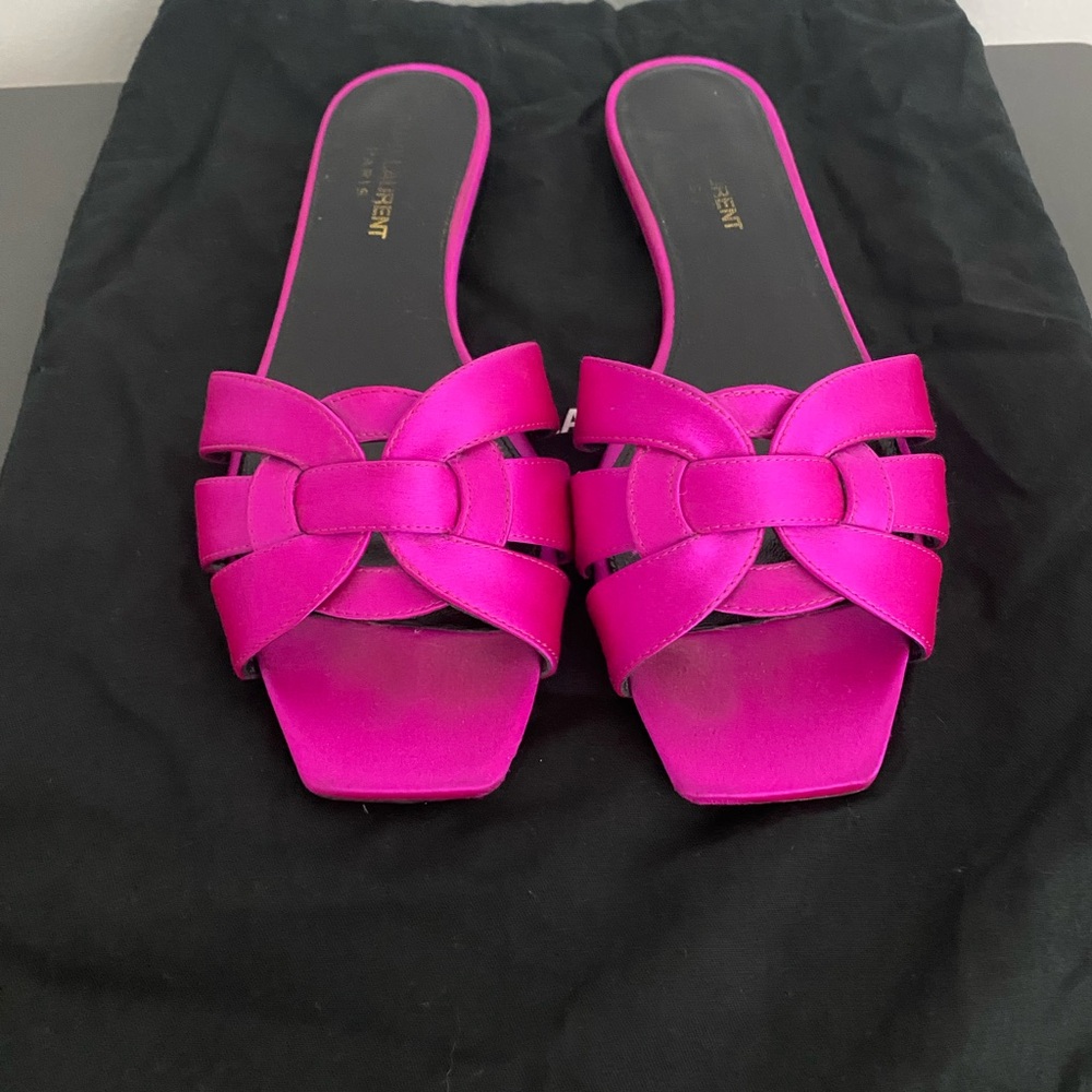 Saint Laurent Tribute any Pieds Slide Sandal- Fushia Pink Fabric/ Size 8